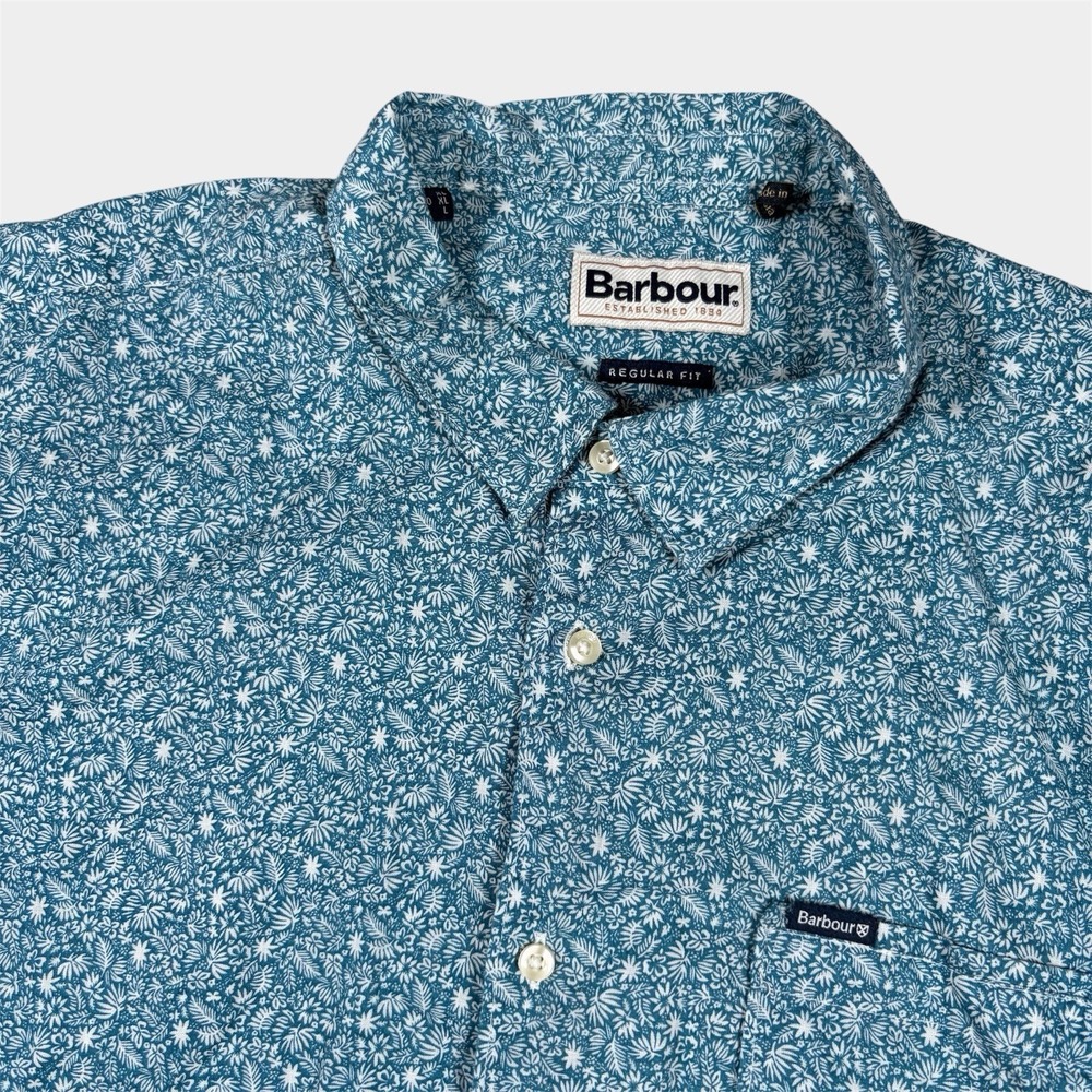 Barbour Shirt Mens Sz US L Short Sleeve Blue Floral Print Hawaiian Lightweight